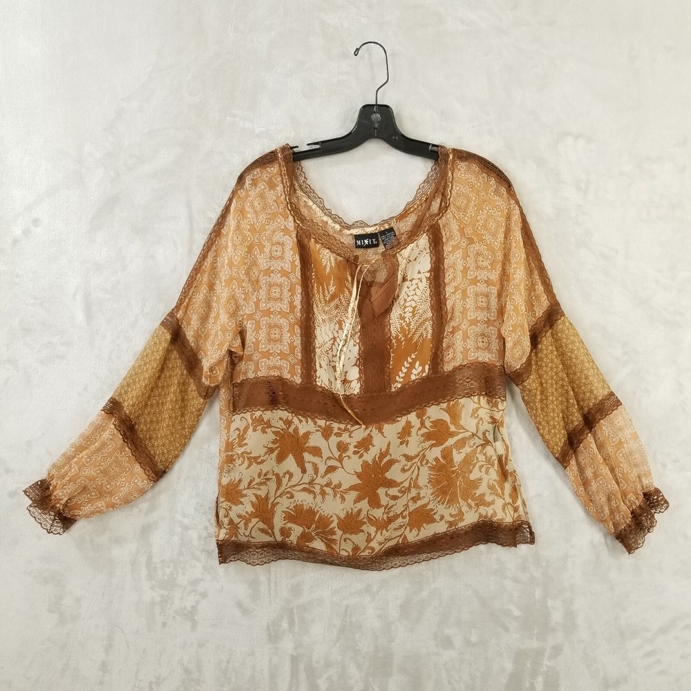 Vintage Silk Boho Blouse Women L Patchwork Floral Lace Hippie Layered w/‎ Cami